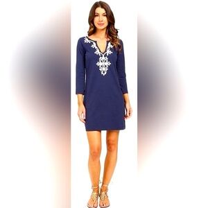 Lilly Pulitzer Noelle Marina Brewster Floral Trim Vneck Quarter Sleeve Dress